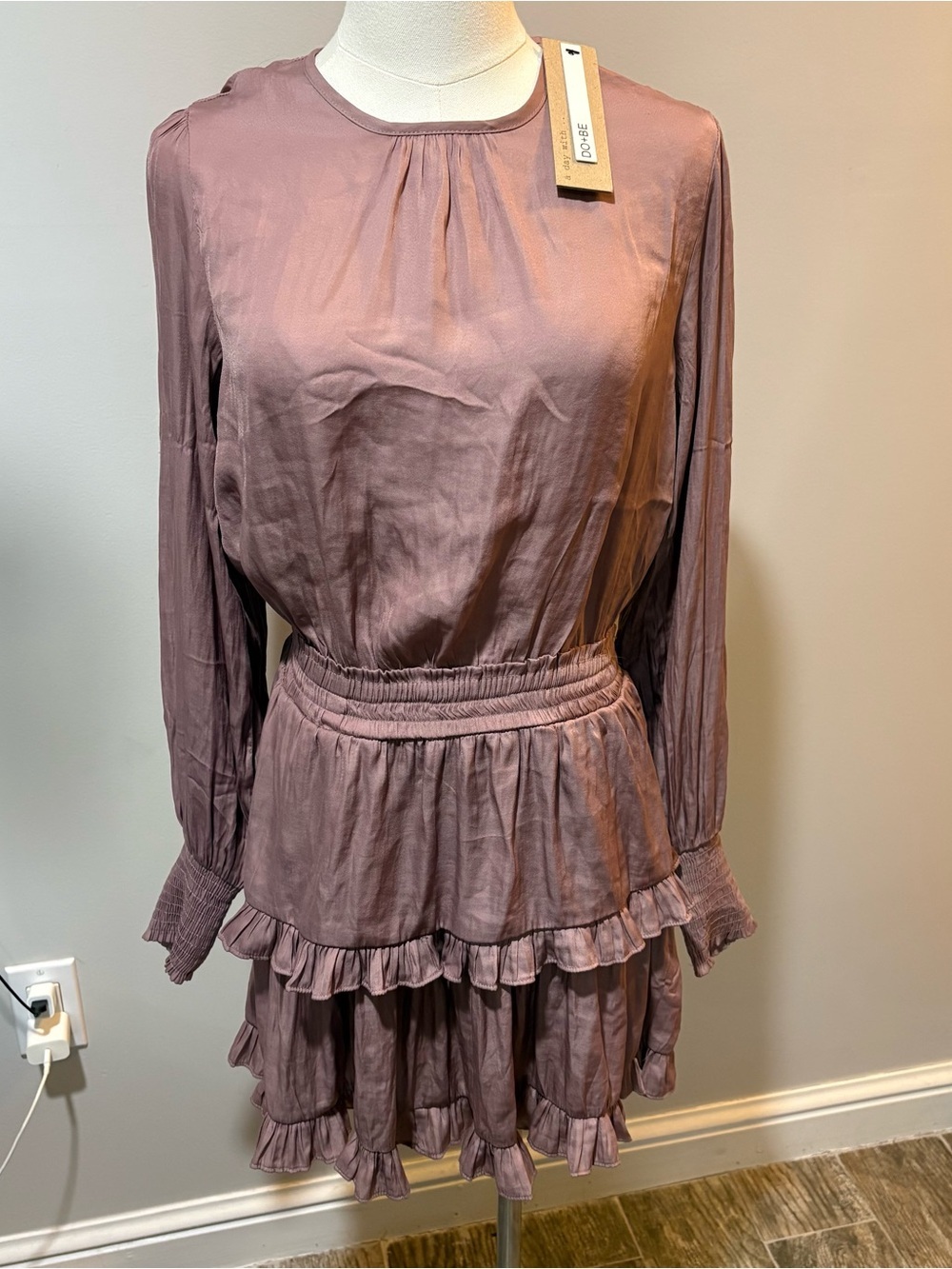 DO+BE Mauve Long Sleeve Mini Ruffle Tiered Dress‎ Smocked Waist Sz S Fairycore